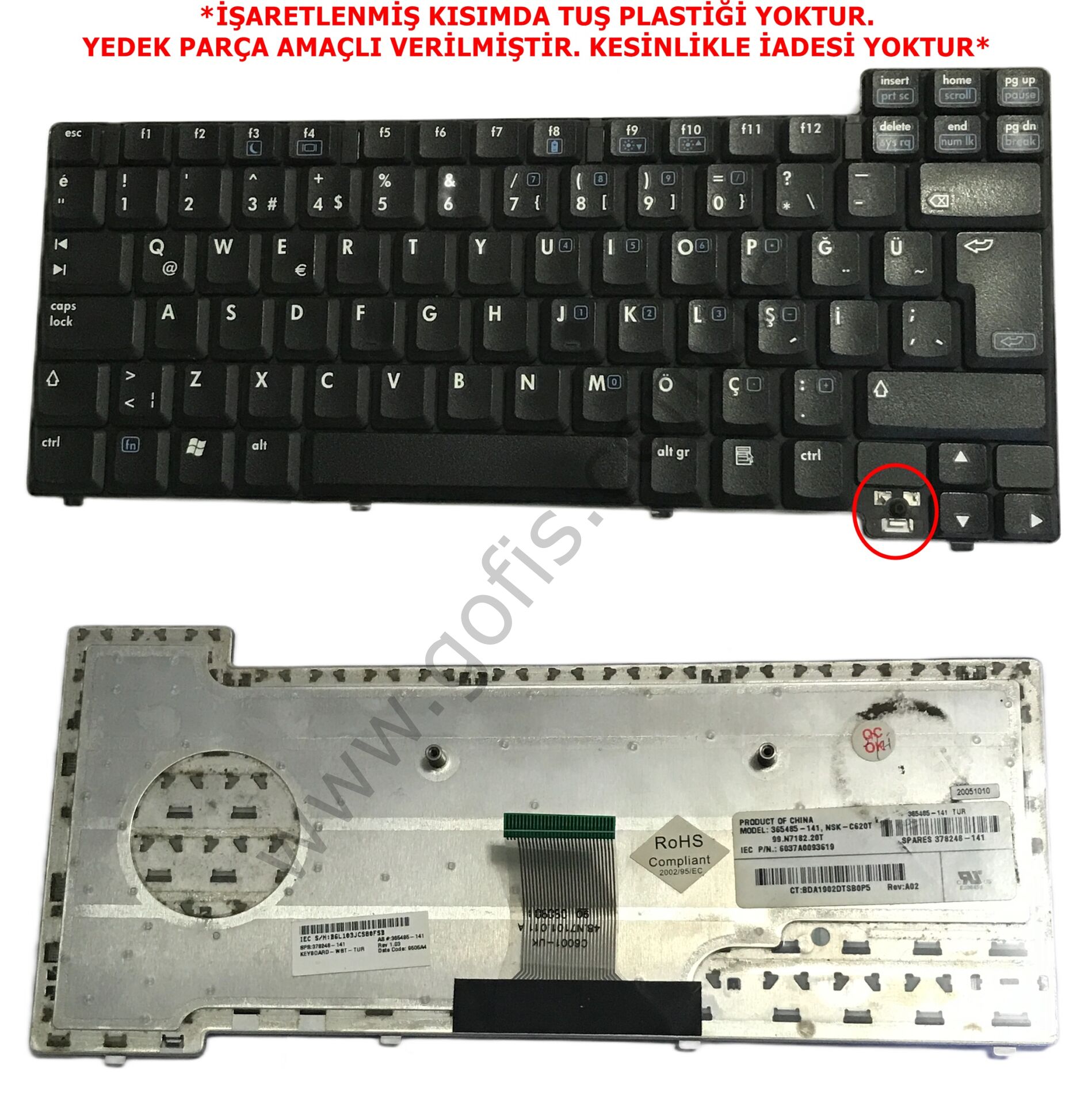 HP COMPAQ NC6110, NC6120, NC6320, NX6315, NX6320, NX6110 KLAVYE TÜRKÇE Q 365485-141 378248-141 *YEDEK PARÇA AMAÇLI* (2)